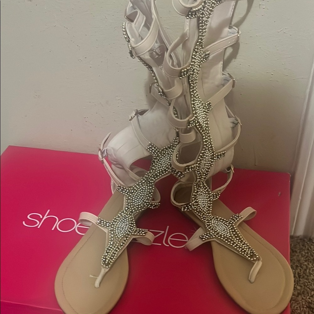 Shoe Dazzle White and Tan Gladiator Sandals
